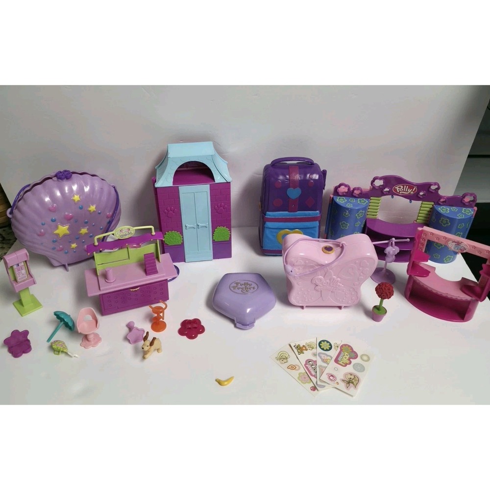 VTG Polly Pocket Lot Mattel 2000s Totally Trendy Pets Paw Spa Seashell Closet